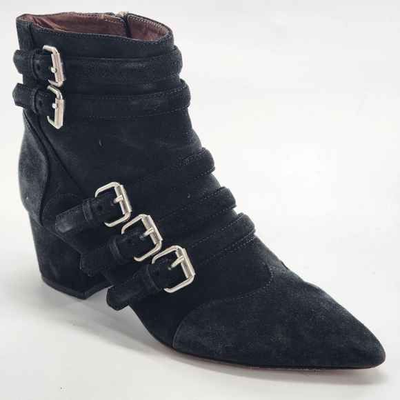 TABITHA SIMMONS BLACK POINTED TOE SUEDE BOOTIES BUCKLE DETAIL SIZE 37 - Picture 1 of 8